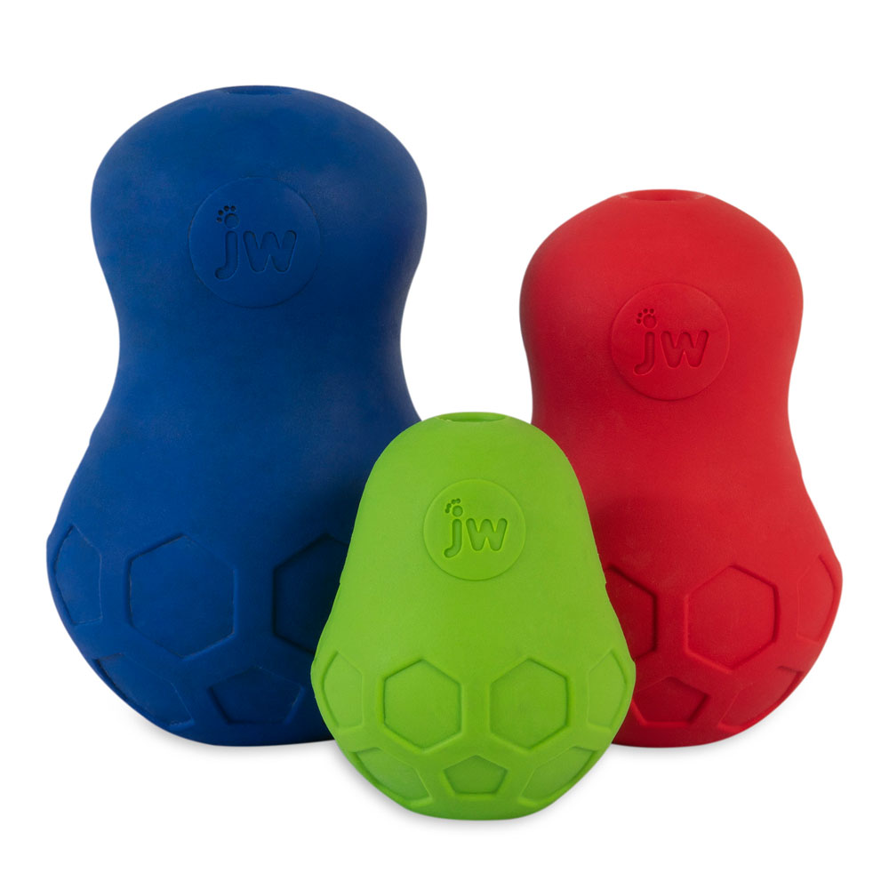 The JW Tumble Teez is designed to sporadically dispense treats as your dog plays with the toy. Intelligently designed, the Tumble Teez has a patented internal shelf design that works like a maze for the treat to travel through as your dog nudges and paws at the toy.